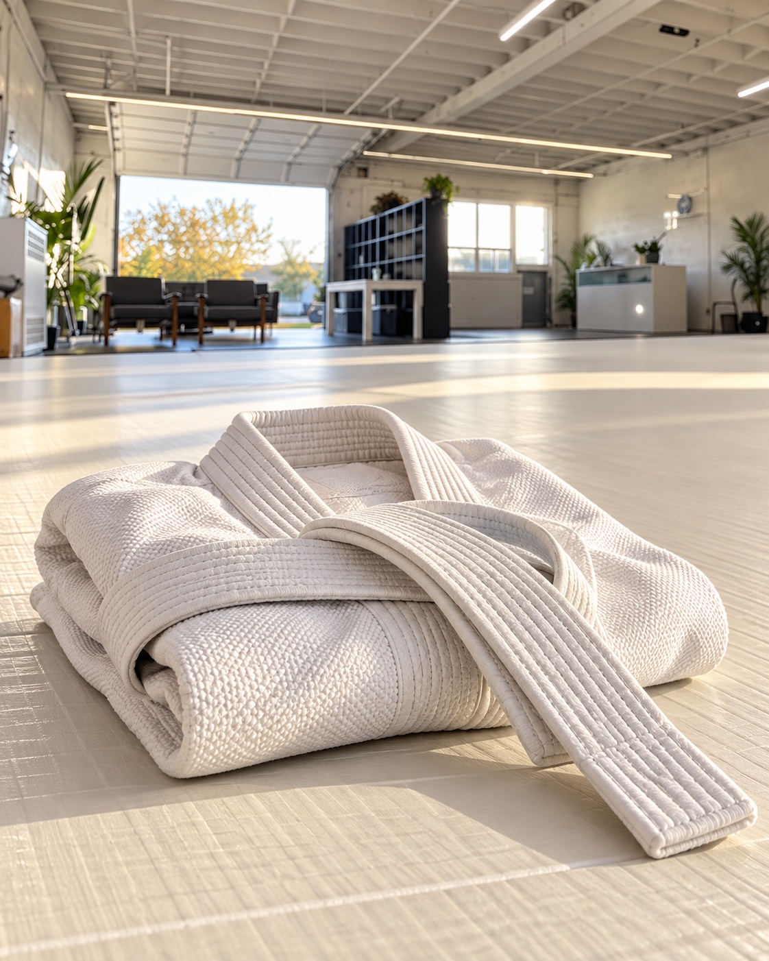 White BJJ gi and white belt on the mats, with reception and the open garage door behind